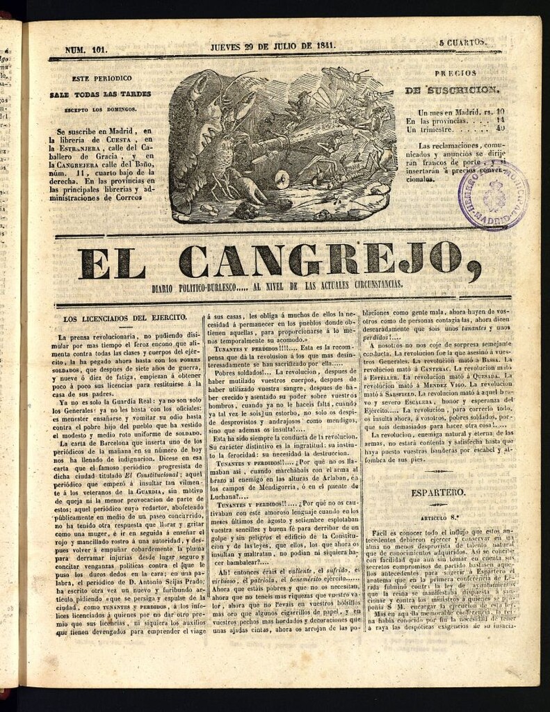 Miniatura de El Cangrejo: diario político burlesco del 29 de julio de 1841, nº 101