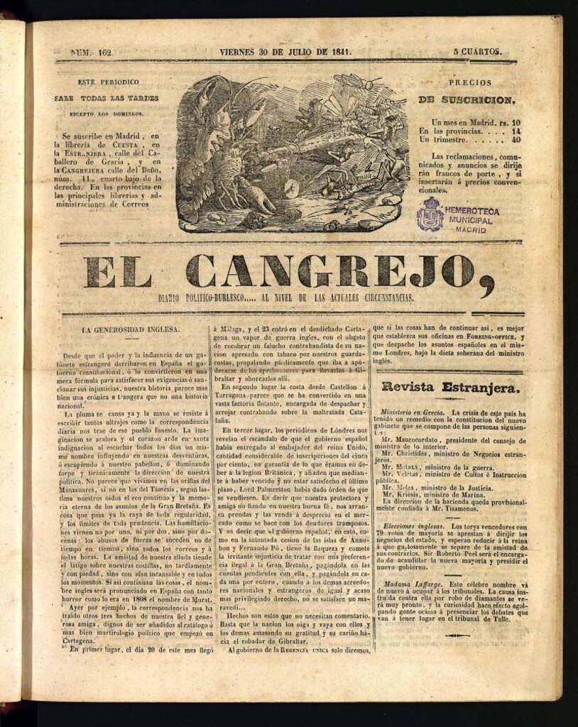 Miniatura de El Cangrejo: diario político burlesco del 30 de julio de 1841, nº 102