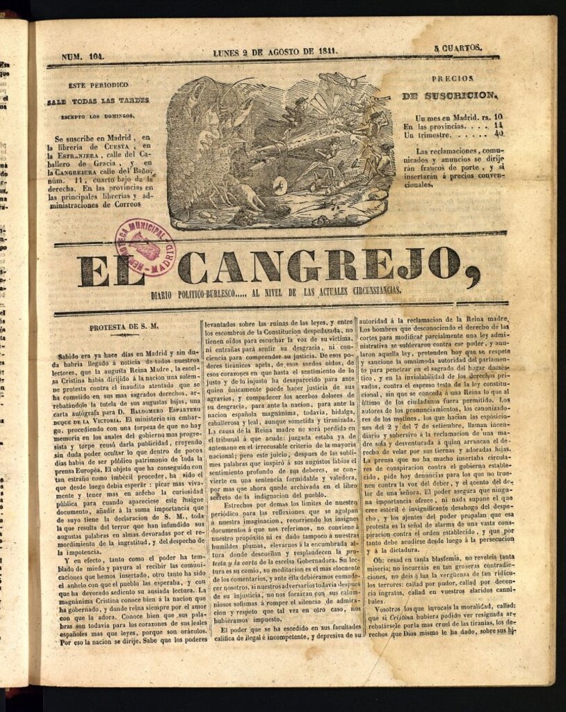 Miniatura de El Cangrejo: diario político burlesco del 2 de agosto de 1841, nº 104