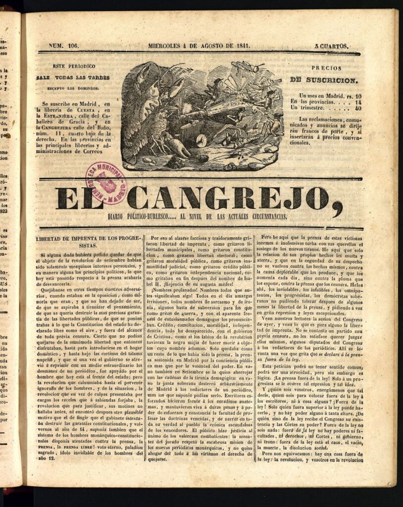 Miniatura de El Cangrejo: diario político burlesco del 4 de agosto de 1841, nº 106