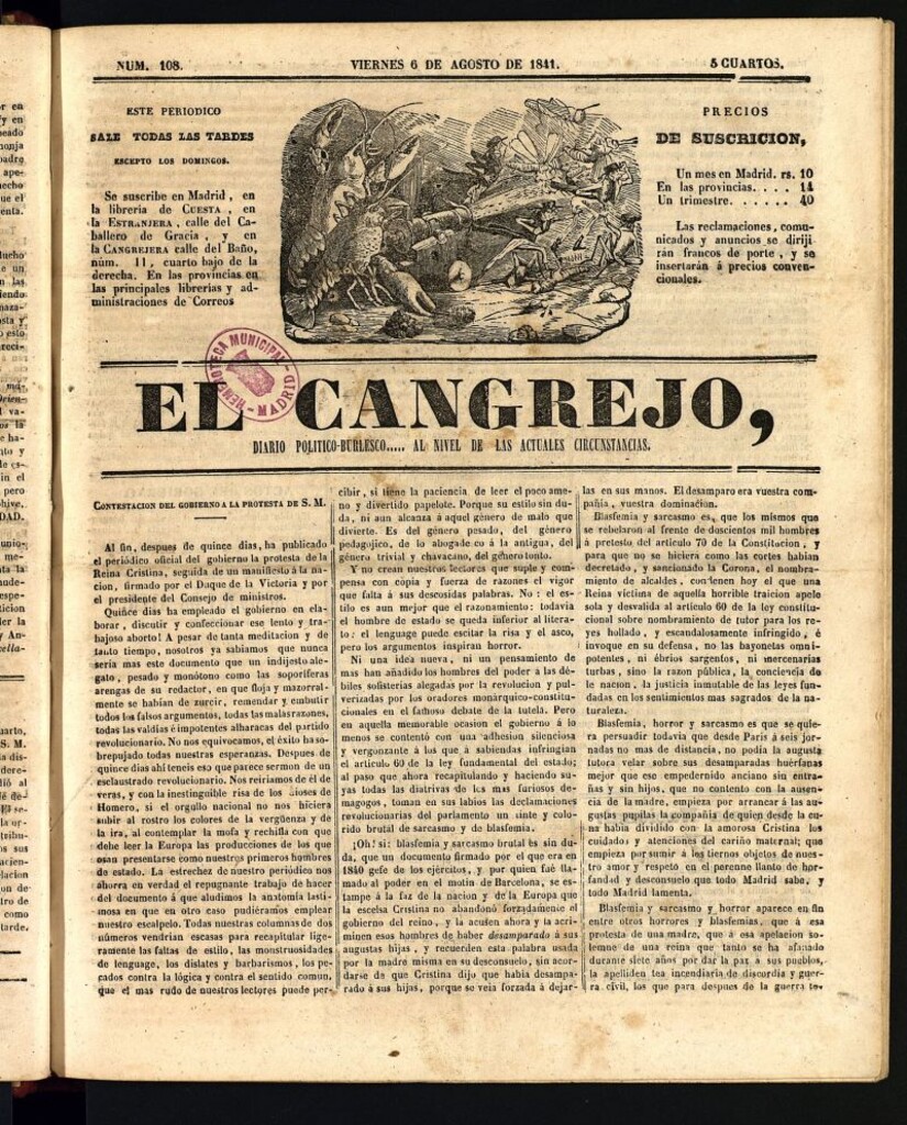 Miniatura de El Cangrejo: diario político burlesco del 6 de agosto de 1841, nº 108