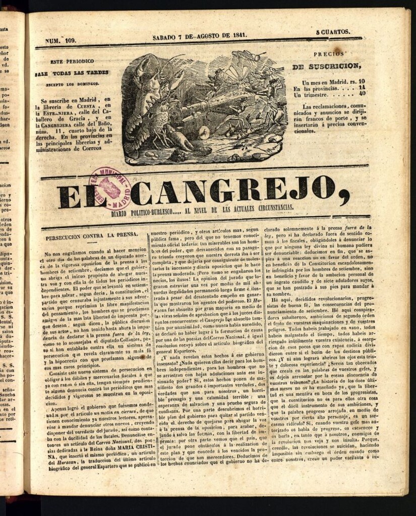 Miniatura de El Cangrejo: diario político burlesco del 7 de agosto de 1841, nº 109