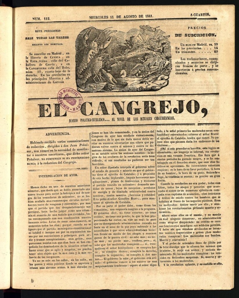 Miniatura de El Cangrejo: diario político burlesco del 11 de agosto de 1841, nº 112