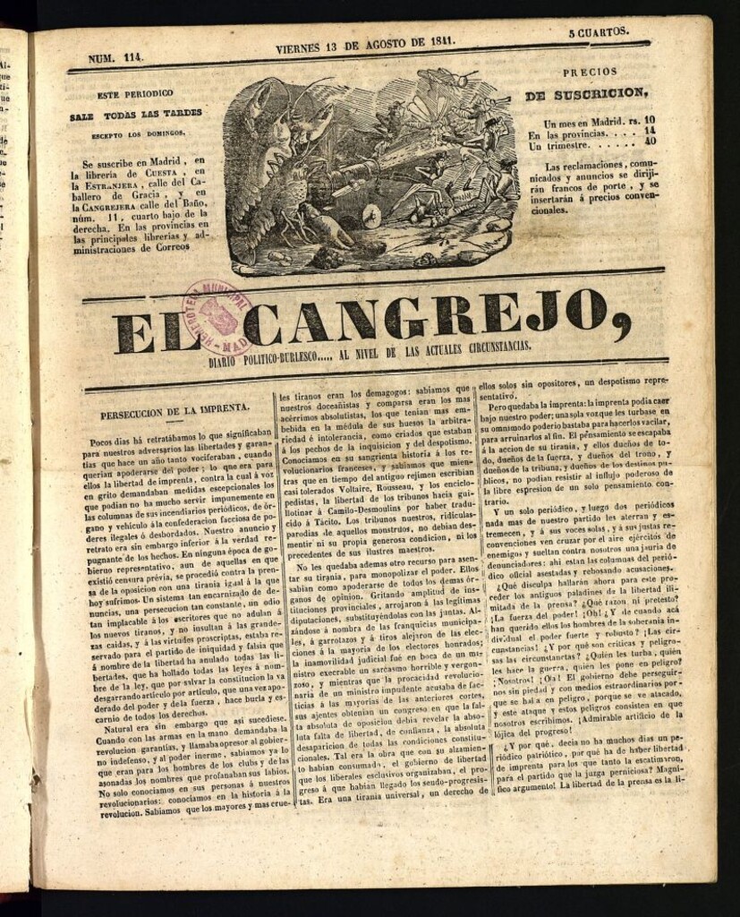Miniatura de El Cangrejo: diario político burlesco del 13 de agosto de 1841, nº 114