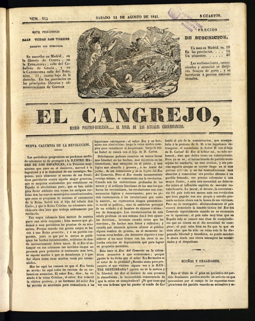 Miniatura de El Cangrejo: diario político burlesco del 14 de agosto de 1841, nº 115