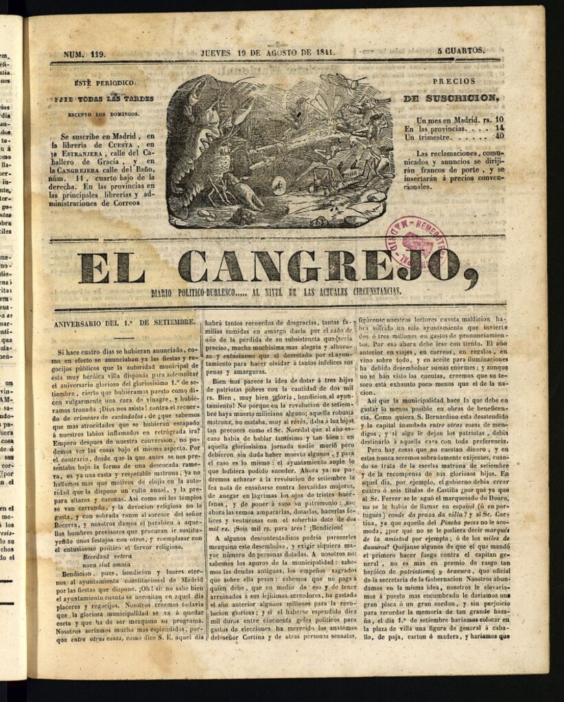 Miniatura de El Cangrejo: diario político burlesco del 19 de agosto de 1841, nº 119