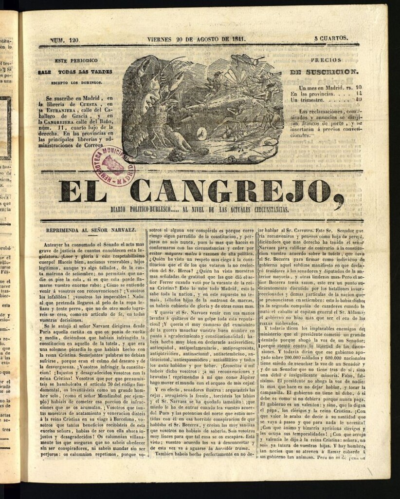 Miniatura de El Cangrejo: diario político burlesco del 20 de agosto de 1841, nº 120