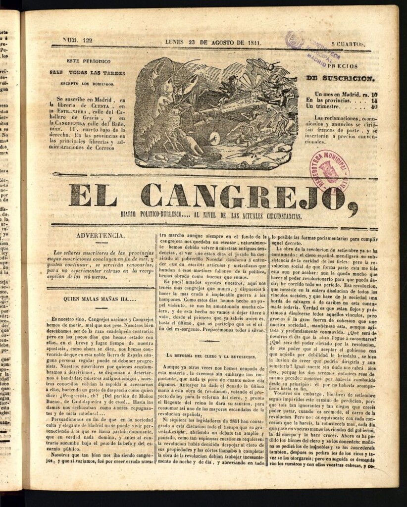 Miniatura de El Cangrejo: diario político burlesco del 23 de agosto de 1841, nº 122