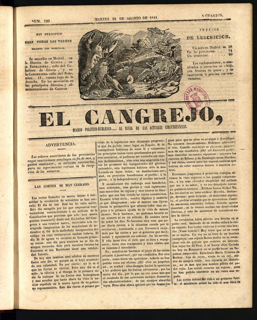 Miniatura de El Cangrejo: diario político burlesco del 24 de agosto de 1841, nº 123