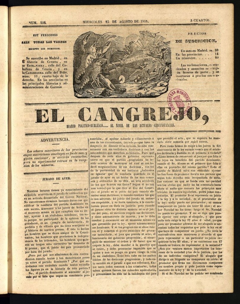 Miniatura de El Cangrejo: diario político burlesco del 25 de agosto de 1841, nº 124