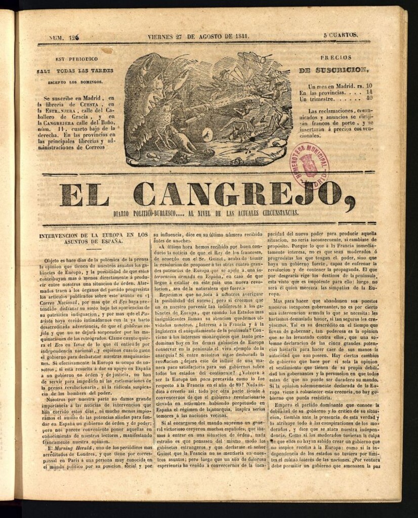 Miniatura de El Cangrejo: diario político burlesco del 27 de agosto de 1841, nº 126