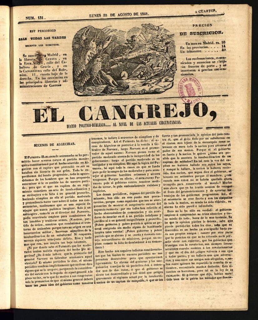Miniatura de El Cangrejo: diario político burlesco del 30 de agosto de 1841, nº 131