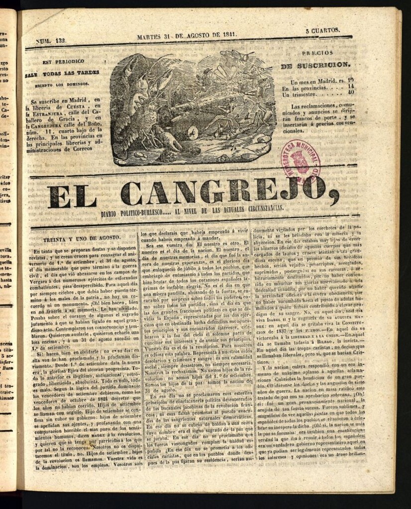 Miniatura de El Cangrejo: diario político burlesco del 31 de agosto de 1841, nº 132