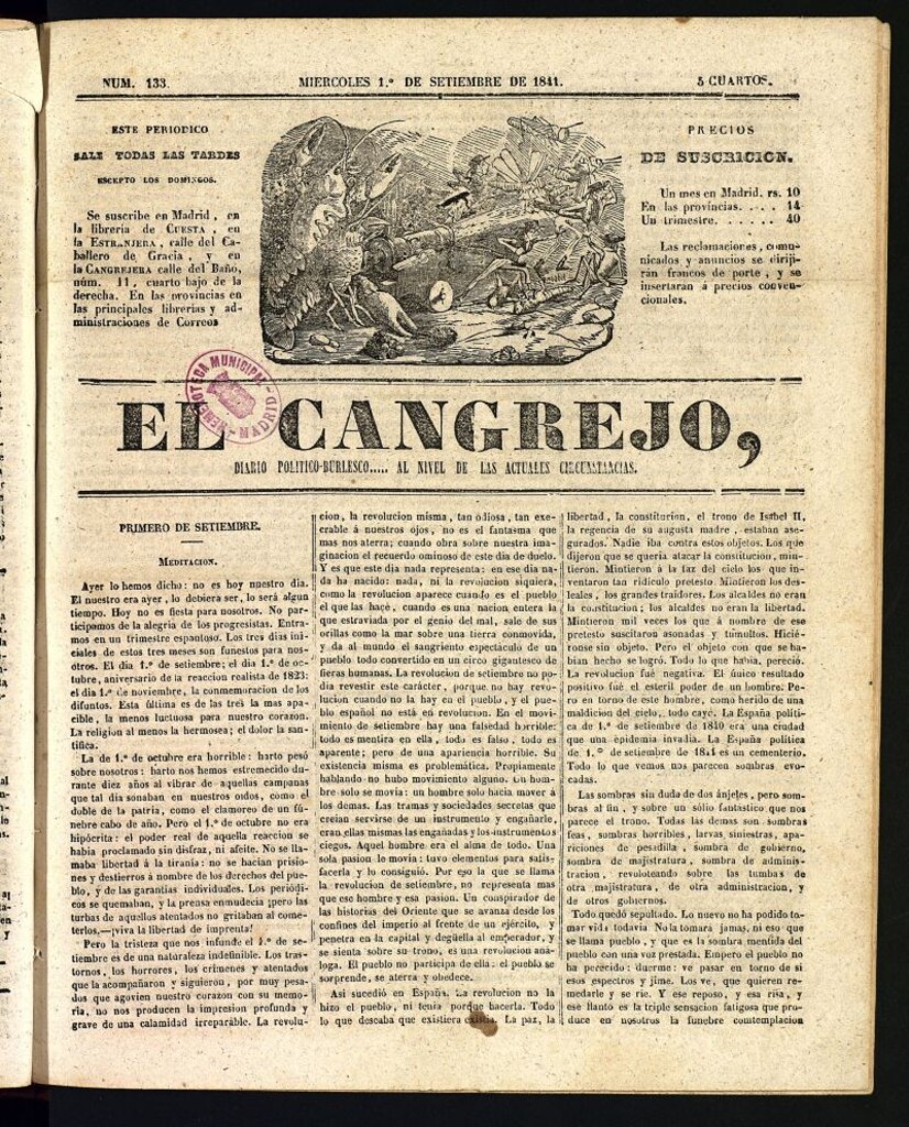 Miniatura de El Cangrejo: diario político burlesco del 1 de septiembre de 1841, nº 133
