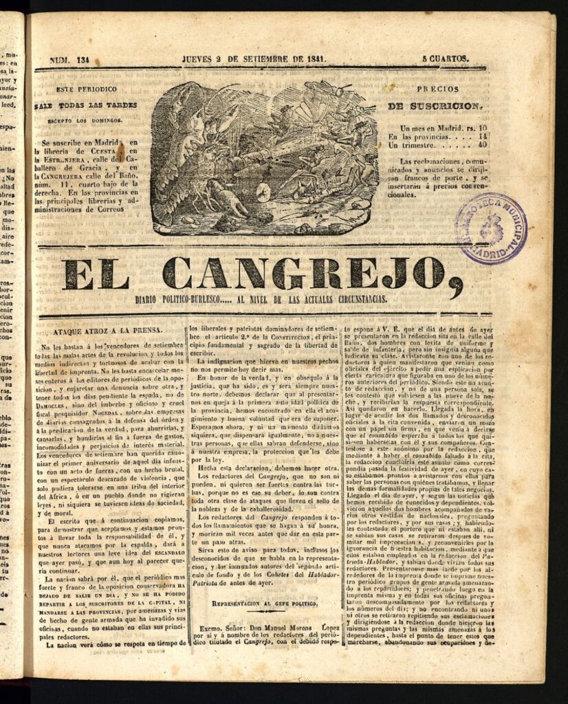 Miniatura de El Cangrejo: diario político burlesco del 2 de septiembre de 1841, nº 134