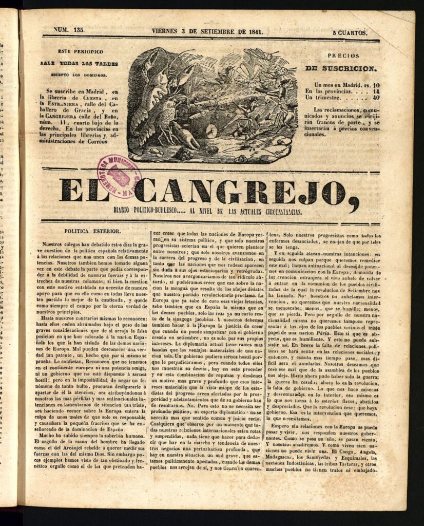 Miniatura de El Cangrejo: diario político burlesco del 3 de septiembre de 1841, nº 135