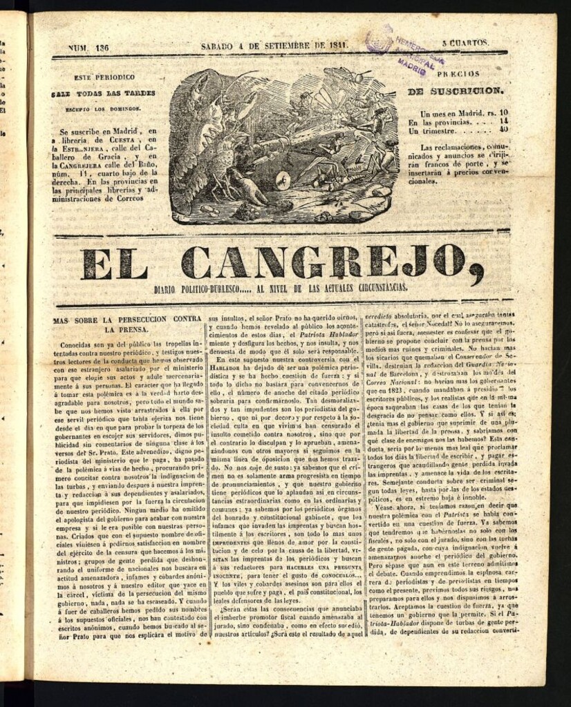 Miniatura de El Cangrejo: diario político burlesco del 4 de septiembre de 1841, nº 136