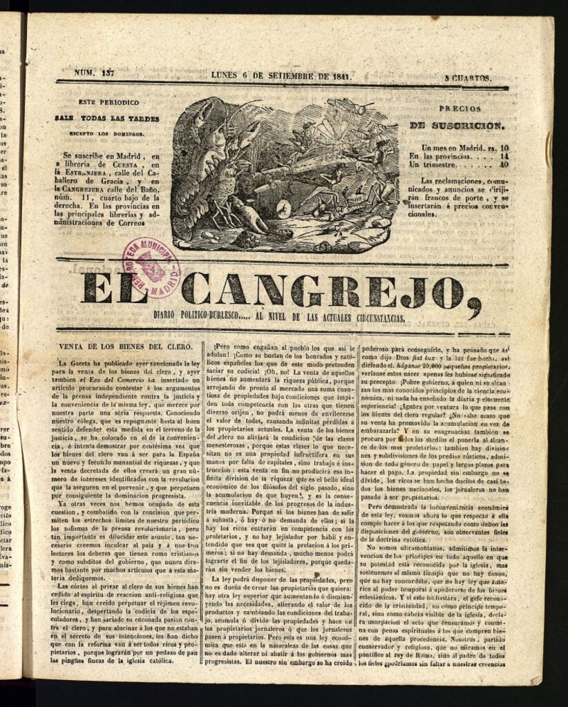 Miniatura de El Cangrejo: diario político burlesco del 6 de septiembre de 1841, nº 137