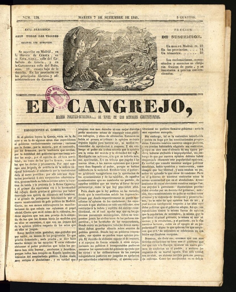 Miniatura de El Cangrejo: diario político burlesco del 7 de septiembre de 1841, nº 138