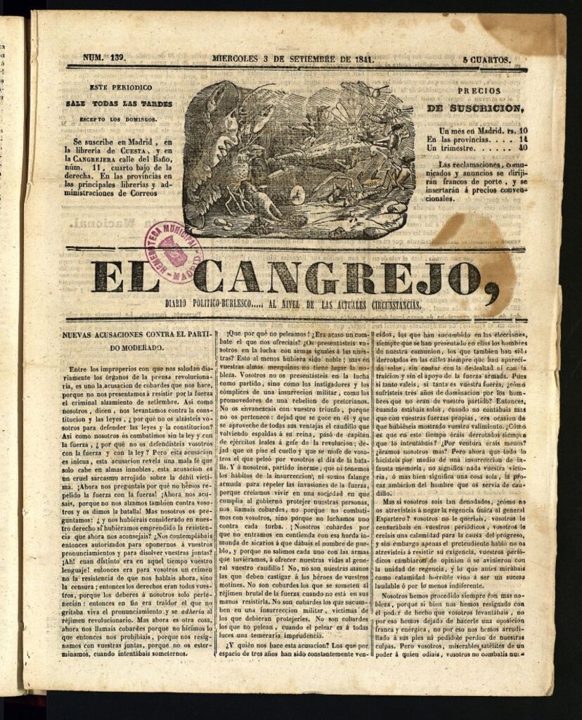Miniatura de El Cangrejo: diario político burlesco del 8 de septiembre de 1841, nº 139