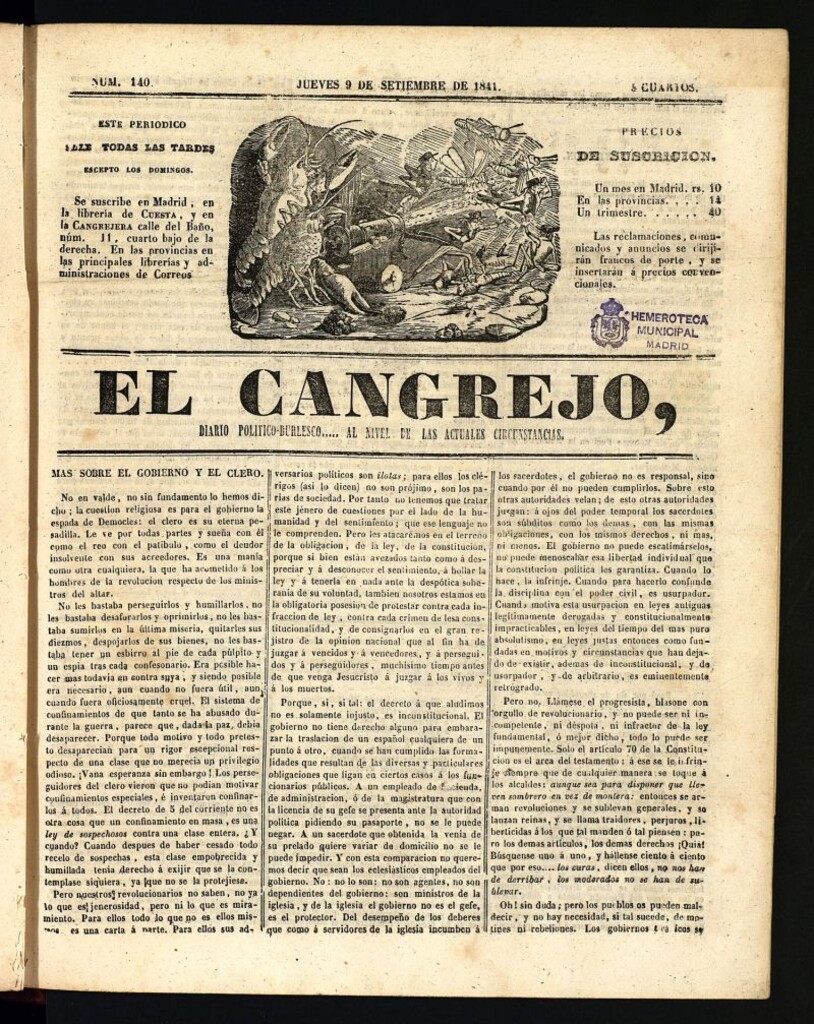 Miniatura de El Cangrejo: diario político burlesco del 9 de septiembre de 1841, nº 140