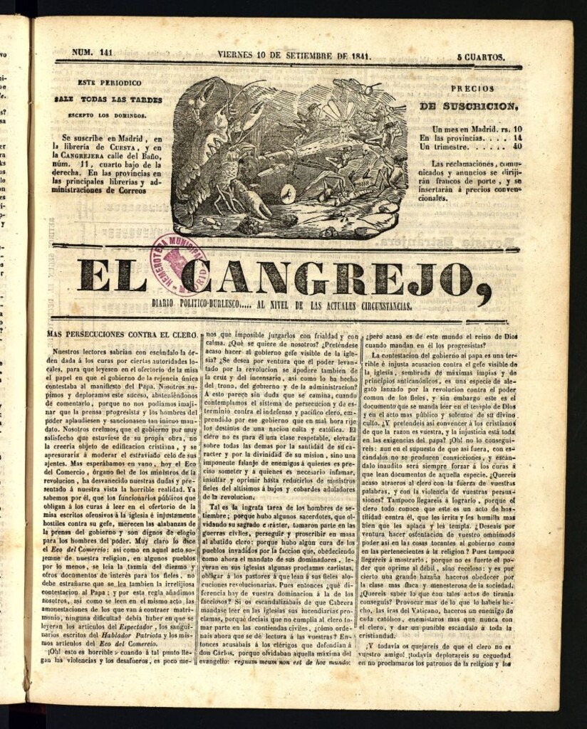 Miniatura de El Cangrejo: diario político burlesco del 10 de septiembre de 1841, nº 141