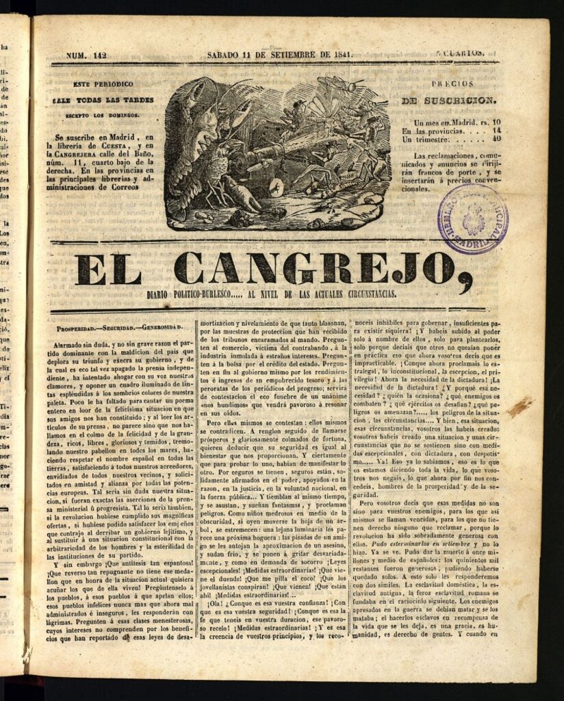 Miniatura de El Cangrejo: diario político burlesco del 11 de septiembre de 1841, nº 142