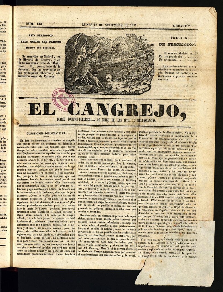 Miniatura de El Cangrejo: diario político burlesco del 13 de septiembre de 1841, nº 143