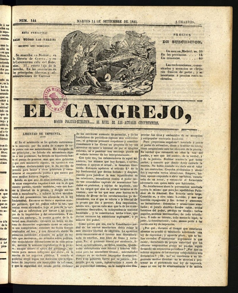 Miniatura de El Cangrejo: diario político burlesco del 14 de septiembre de 1841, nº 144