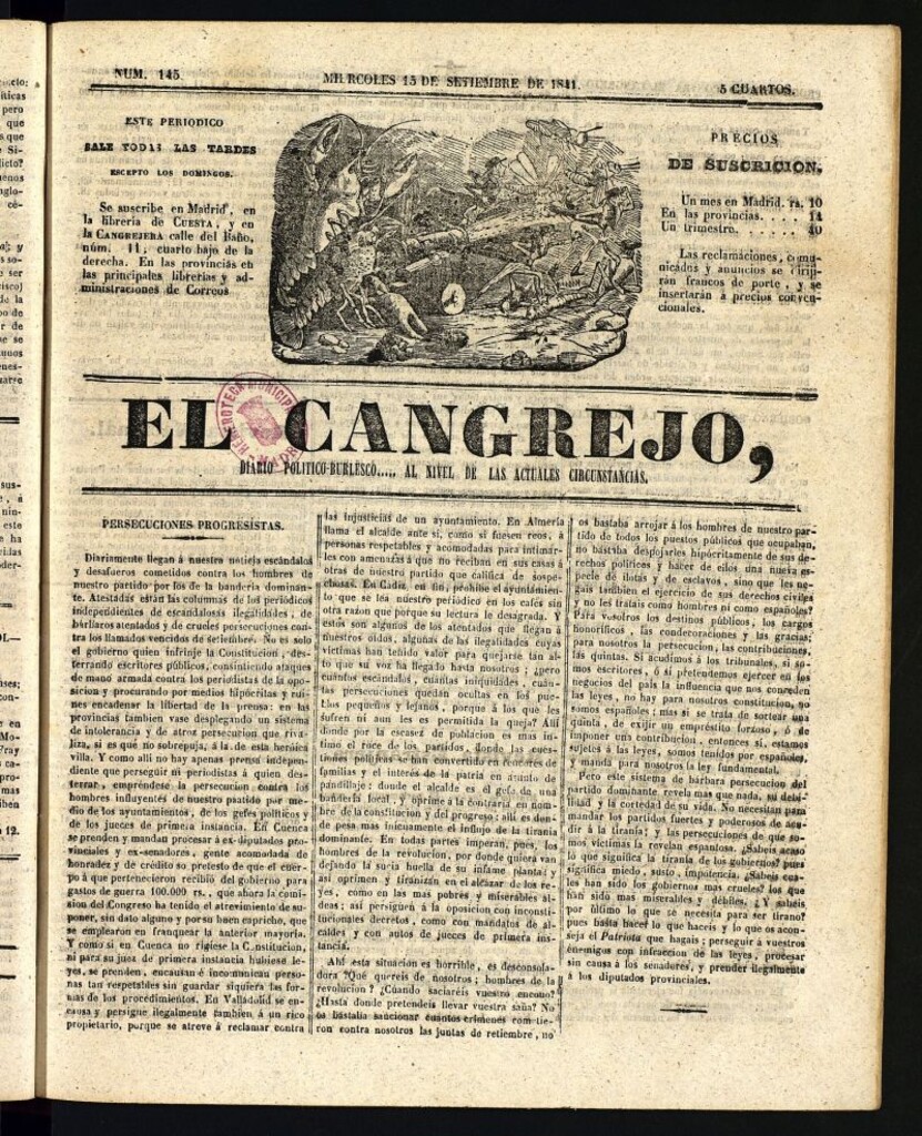 Miniatura de El Cangrejo: diario político burlesco del 15 de septiembre de 1841, nº 145