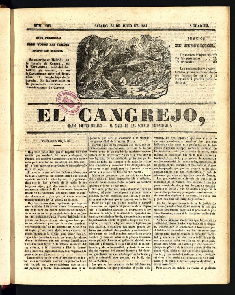 Miniatura de El Cangrejo: diario político burlesco del 31 de julio de 1841, nº 103