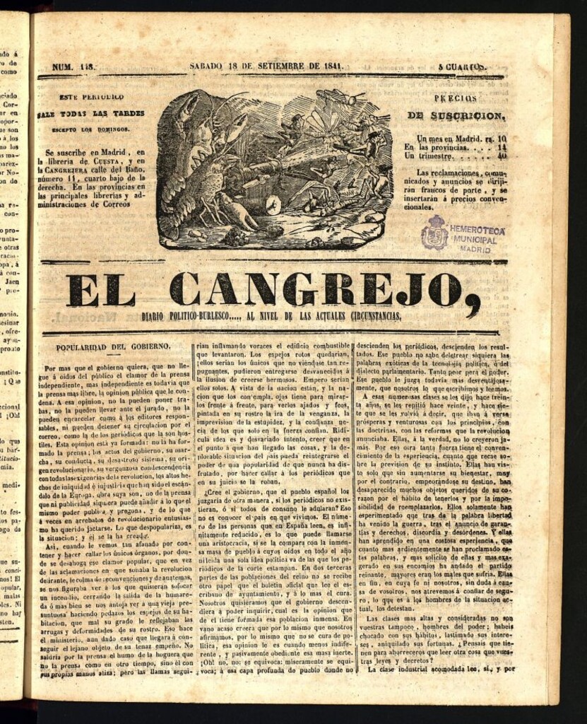 Miniatura de El Cangrejo: diario político burlesco del 18 de septiembre de 1841, nº 148