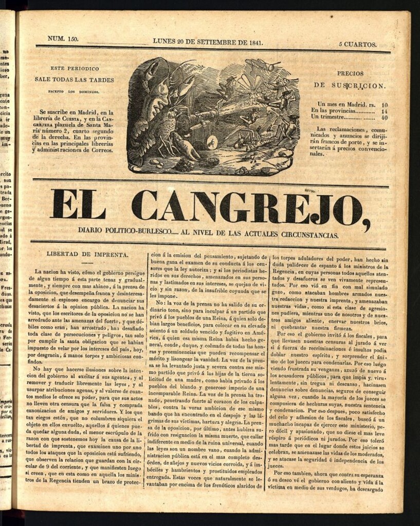 Miniatura de El Cangrejo: diario político burlesco del 20 de septiembre de 1841, nº 150