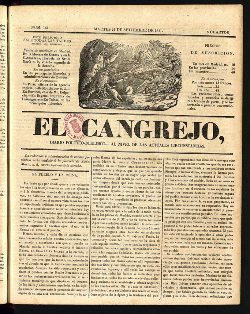 Miniatura de El Cangrejo: diario político burlesco del 21 de septiembre de 1841, nº 151