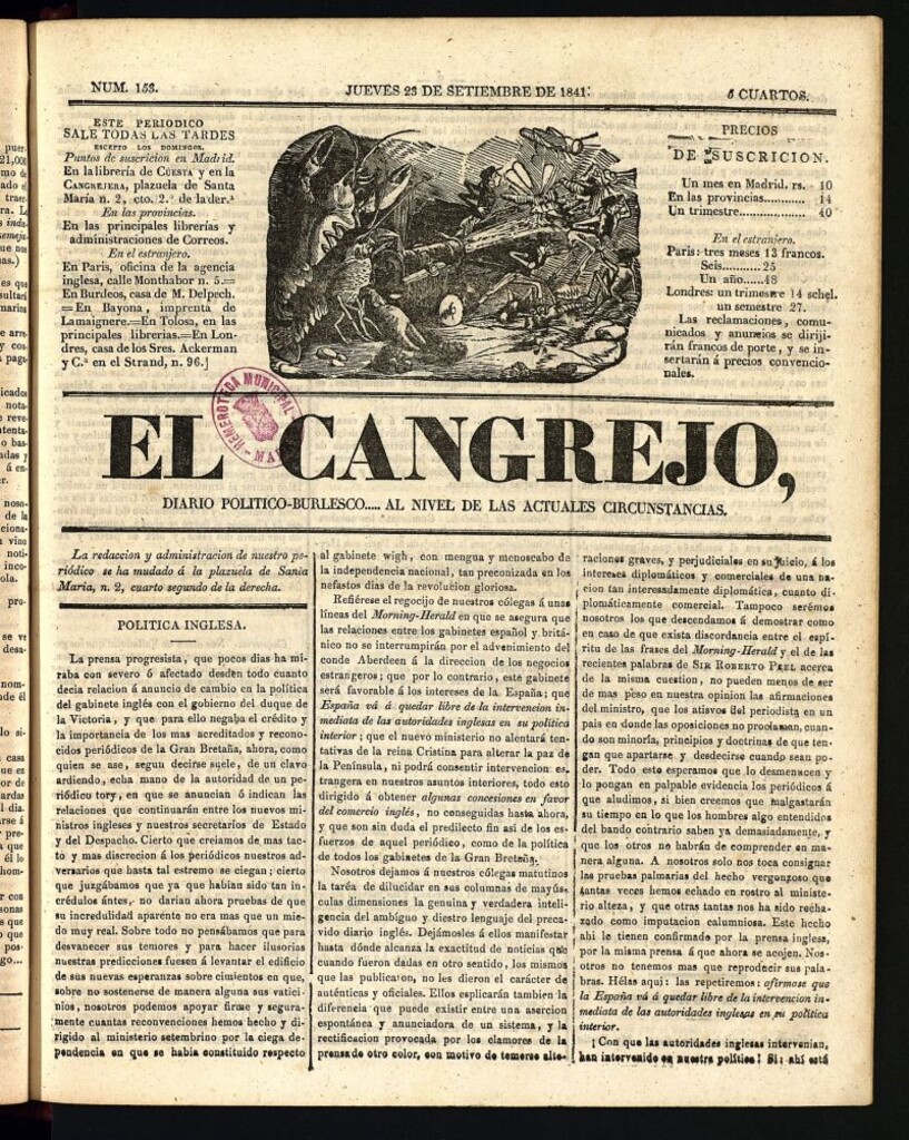 Miniatura de El Cangrejo: diario político burlesco del 23 de septiembre de 1841, nº 153