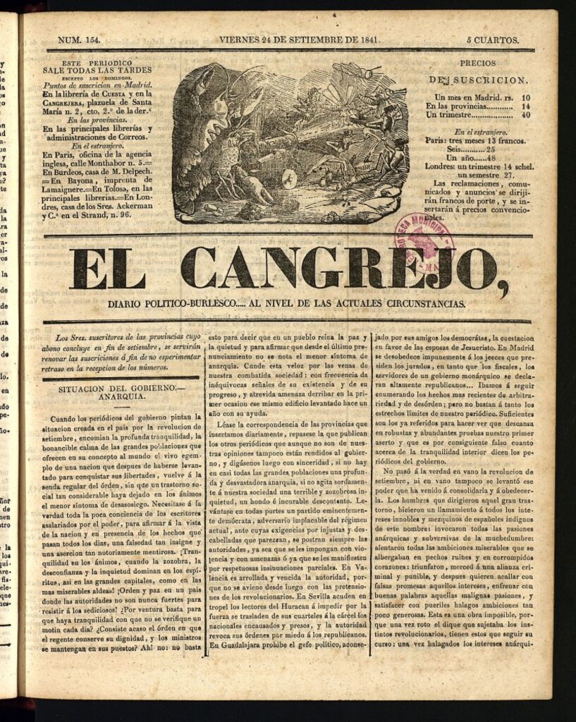 Miniatura de El Cangrejo: diario político burlesco del 24 de septiembre de 1841, nº 154