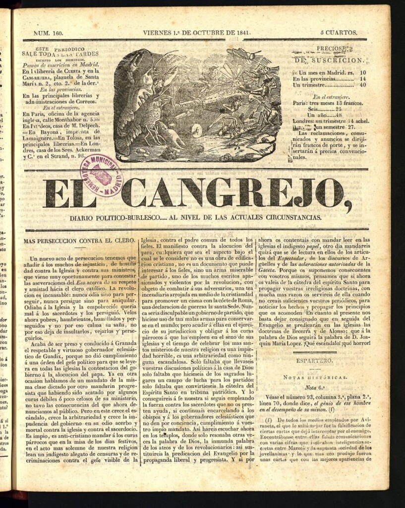 Miniatura de El Cangrejo: diario político burlesco del 1 de octubre de 1841, nº 160