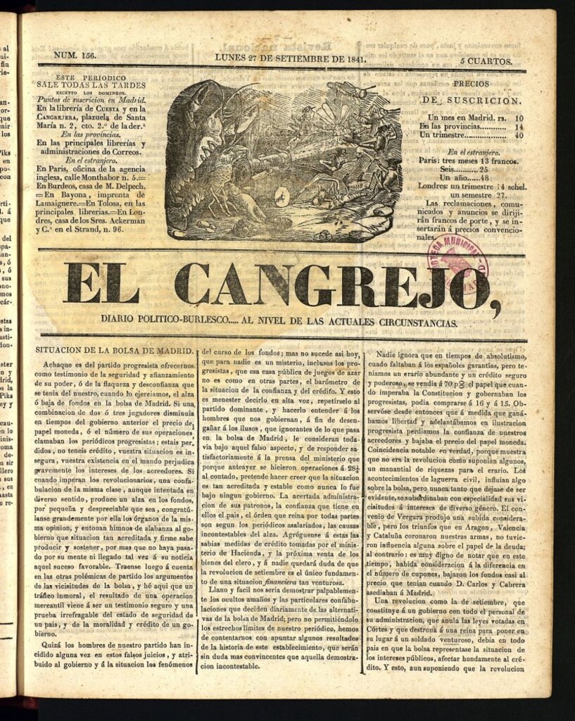 Miniatura de El Cangrejo: diario político burlesco del 27 de septiembre de 1841, nº 156