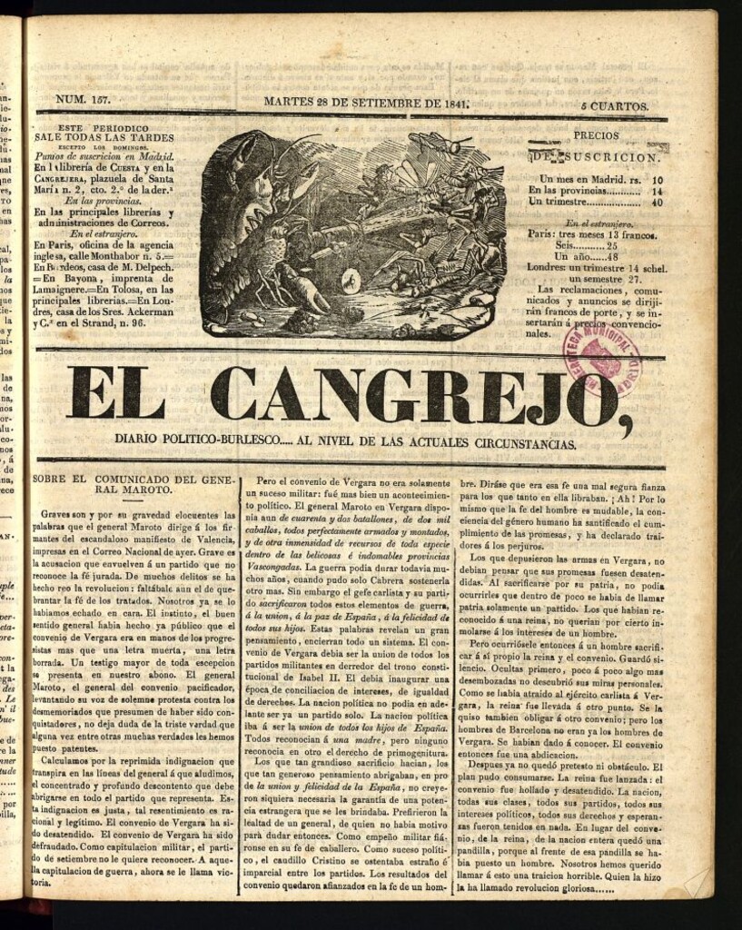 Miniatura de El Cangrejo: diario político burlesco del 28 de septiembre de 1841, nº 157