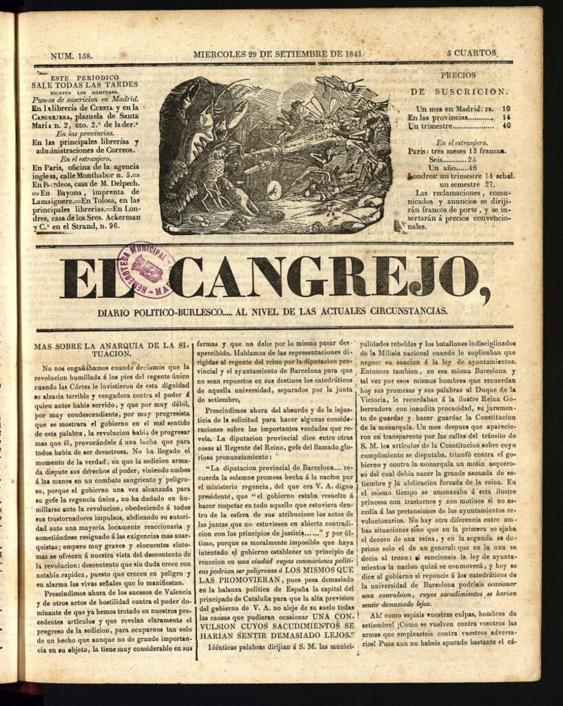 Miniatura de El Cangrejo: diario político burlesco del 29 de septiembre de 1841, nº 158