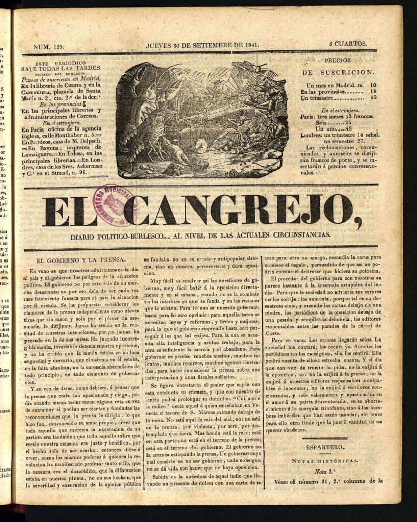 Miniatura de El Cangrejo: diario político burlesco del 30 de septiembre de 1841, nº 159