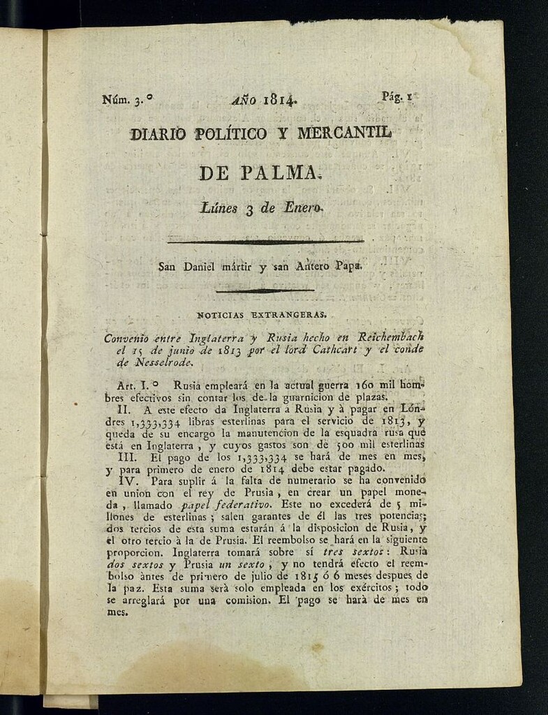 Miniatura de Diario Político y Mercantil de Palma del 3 de enero de 1814 , nº 3