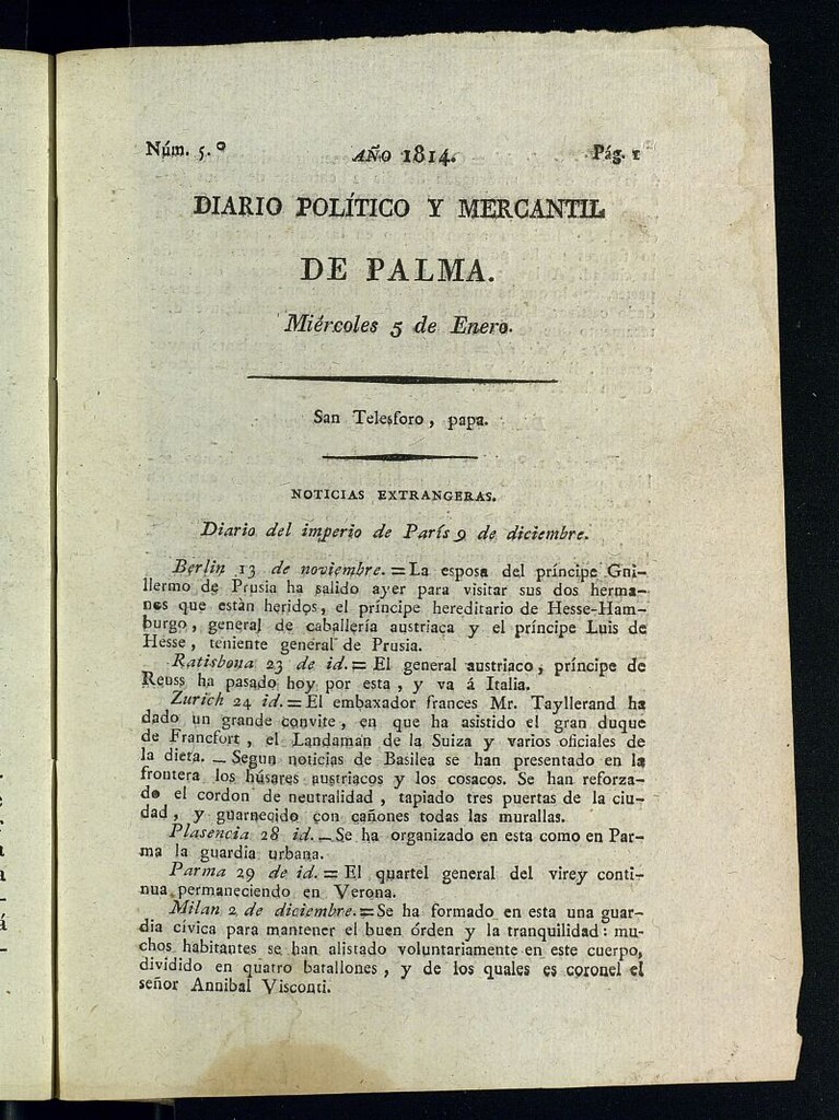Miniatura de Diario Político y Mercantil de Palma del 5 de enero de 1814 , nº 5