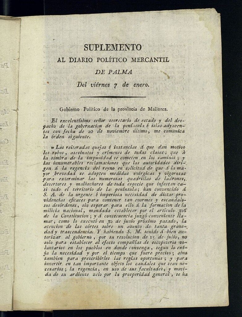 Miniatura de Diario Político y Mercantil de Palma de 7 de enero de 1814, suplemento