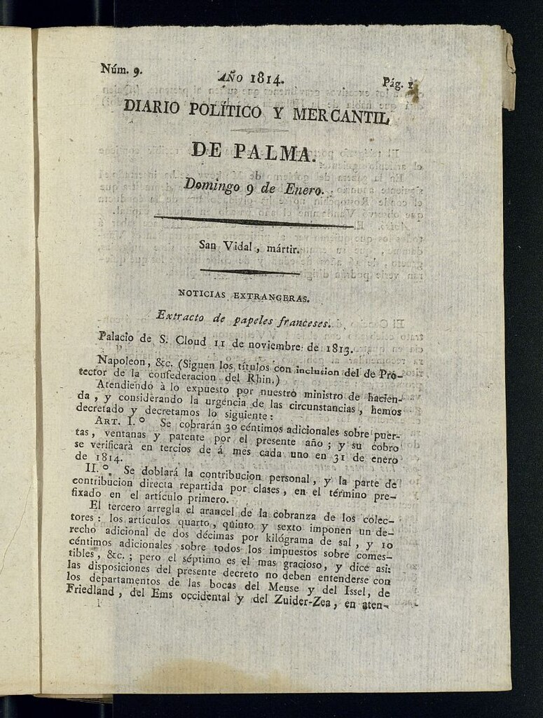 Miniatura de Diario Político y Mercantil de Palma del 9 de enero de 1814, nº 9