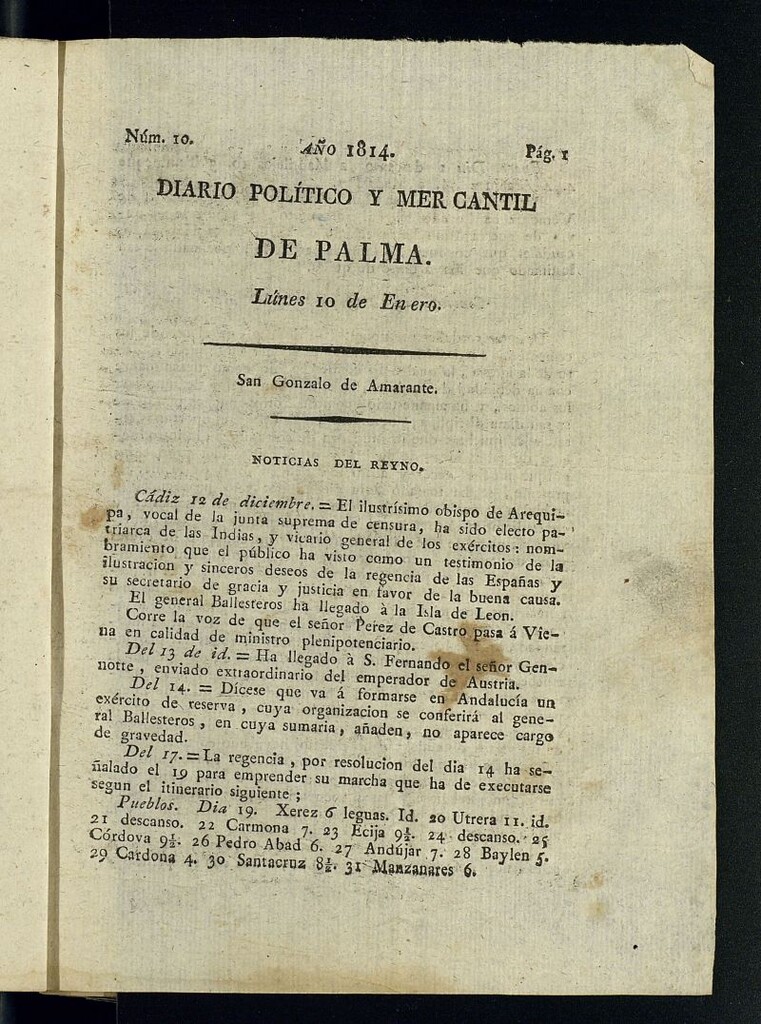 Miniatura de Diario Político y Mercantil de Palma del 10 de enero de 1814, nº 10