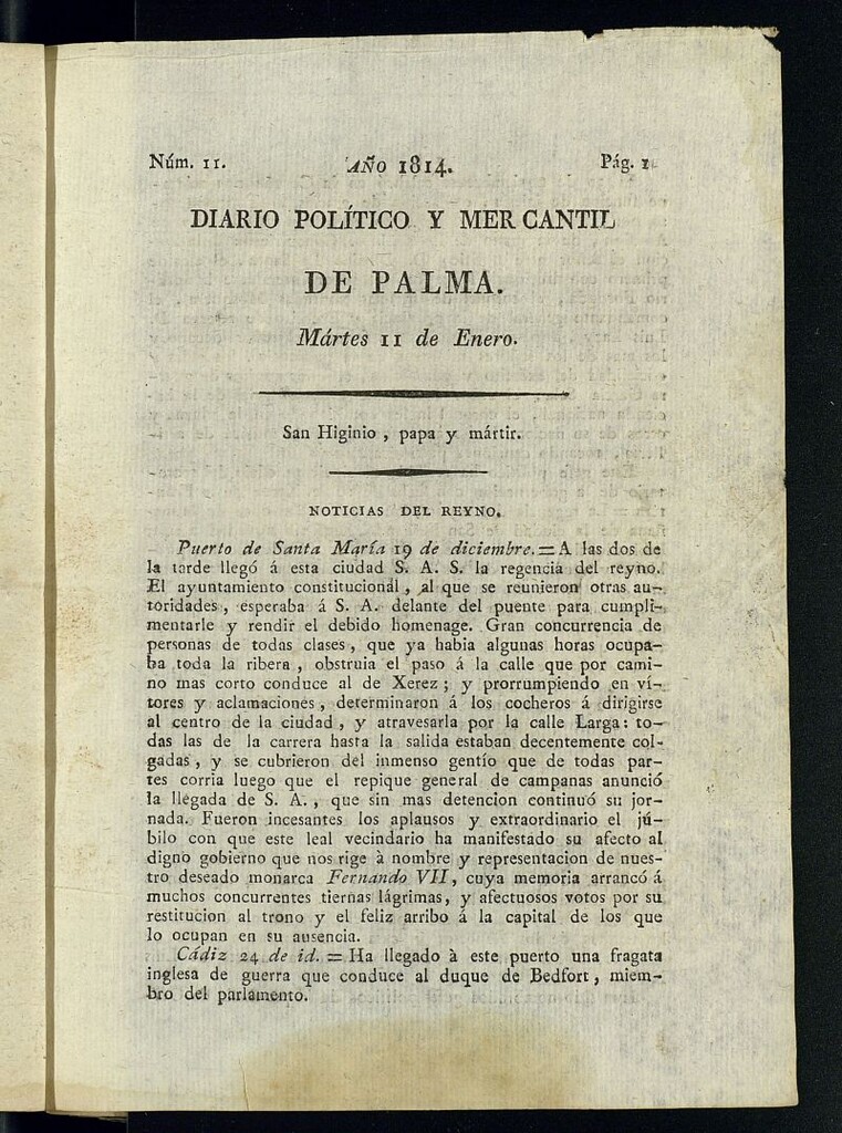 Miniatura de Diario Político y Mercantil de Palma del 11 de enero de 1814, nº 11
