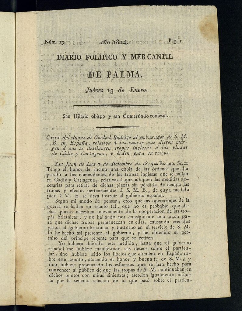 Miniatura de Diario Político y Mercantil de Palma del 13 de enero de 1814, nº 13