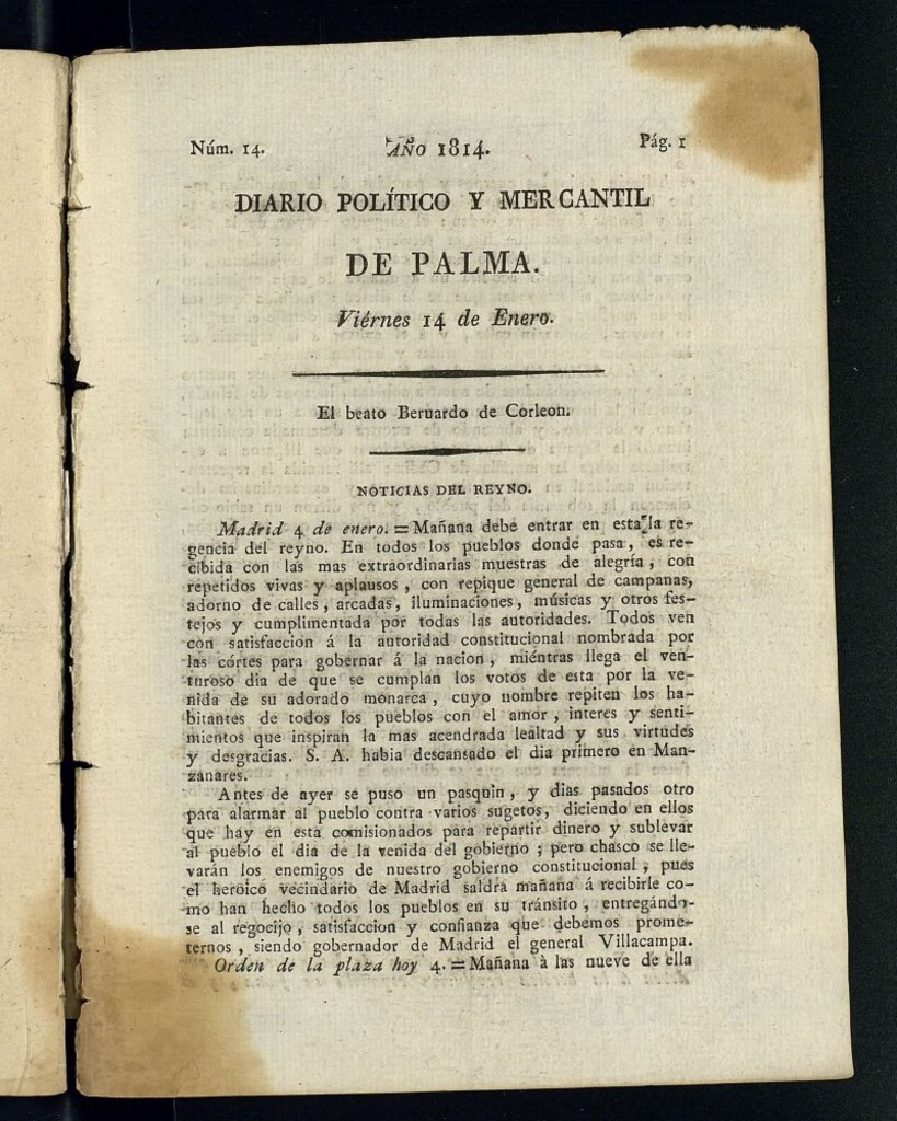 Miniatura de Diario Político y Mercantil de Palma del 14 de enero de 1814, nº 14