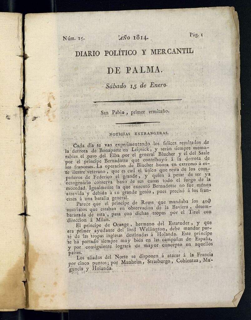 Miniatura de Diario Político y Mercantil de Palma del 15 de enero de 1814, nº 15
